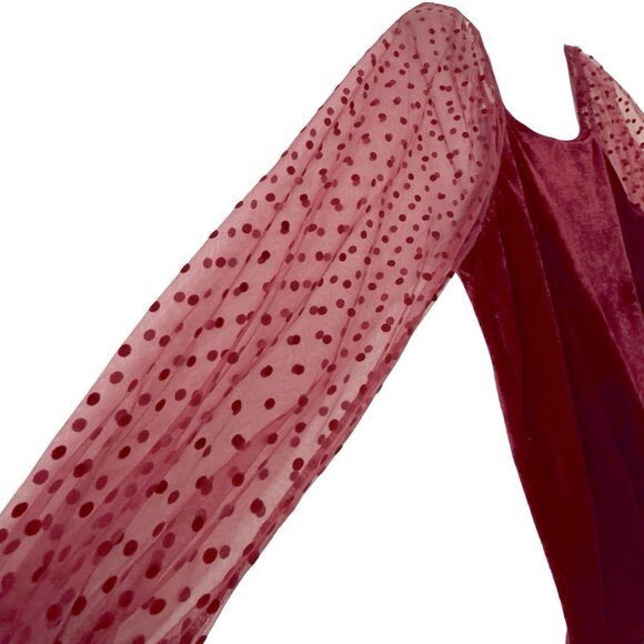 NWT Burgundy 2X Velvet Blouse Sheer Swiss Dot Sleeves Smocked Back Siren Lily - Picture 3 of 12